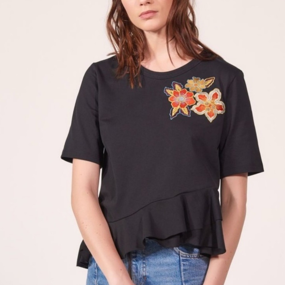Sandro Paris Peplum Floral Patch Embroidered Tee